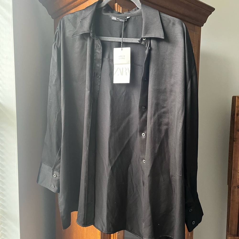 Zara Black Oversized Button Down Satiny Top